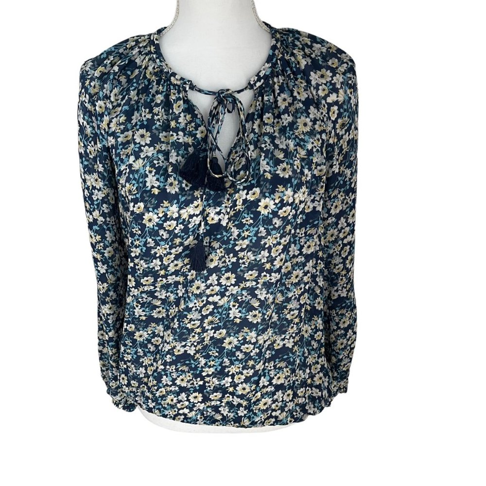 Ramy Brook Blue Floral Print Tassel Tie Long Sleeve 100% Silk Blouse Small S